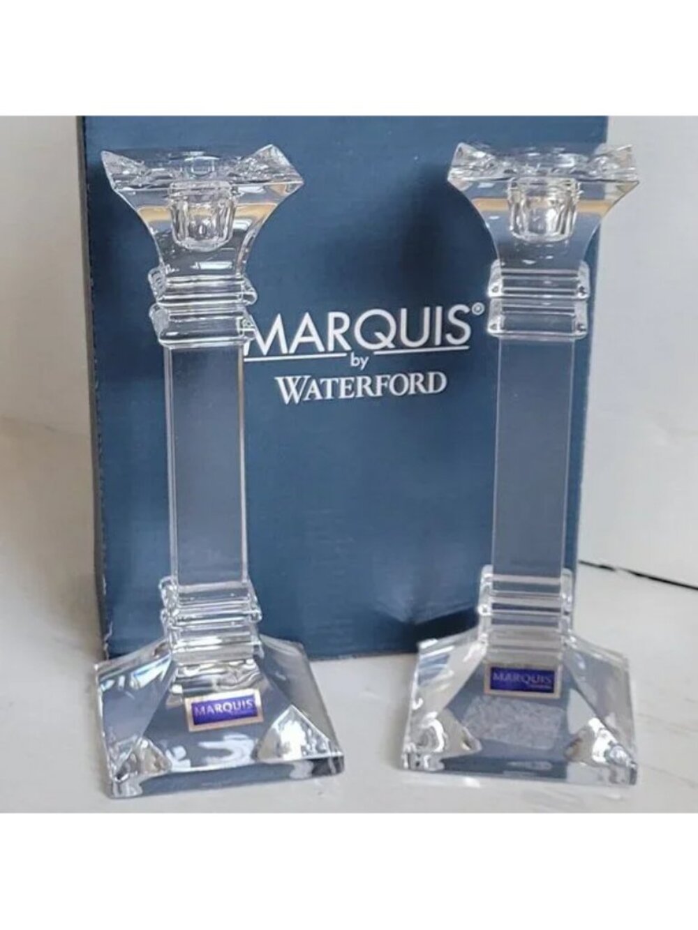 2 Waterford Marquis Crystal Treviso Candlestick Candle Holders 8" tall ~ NEW NWT